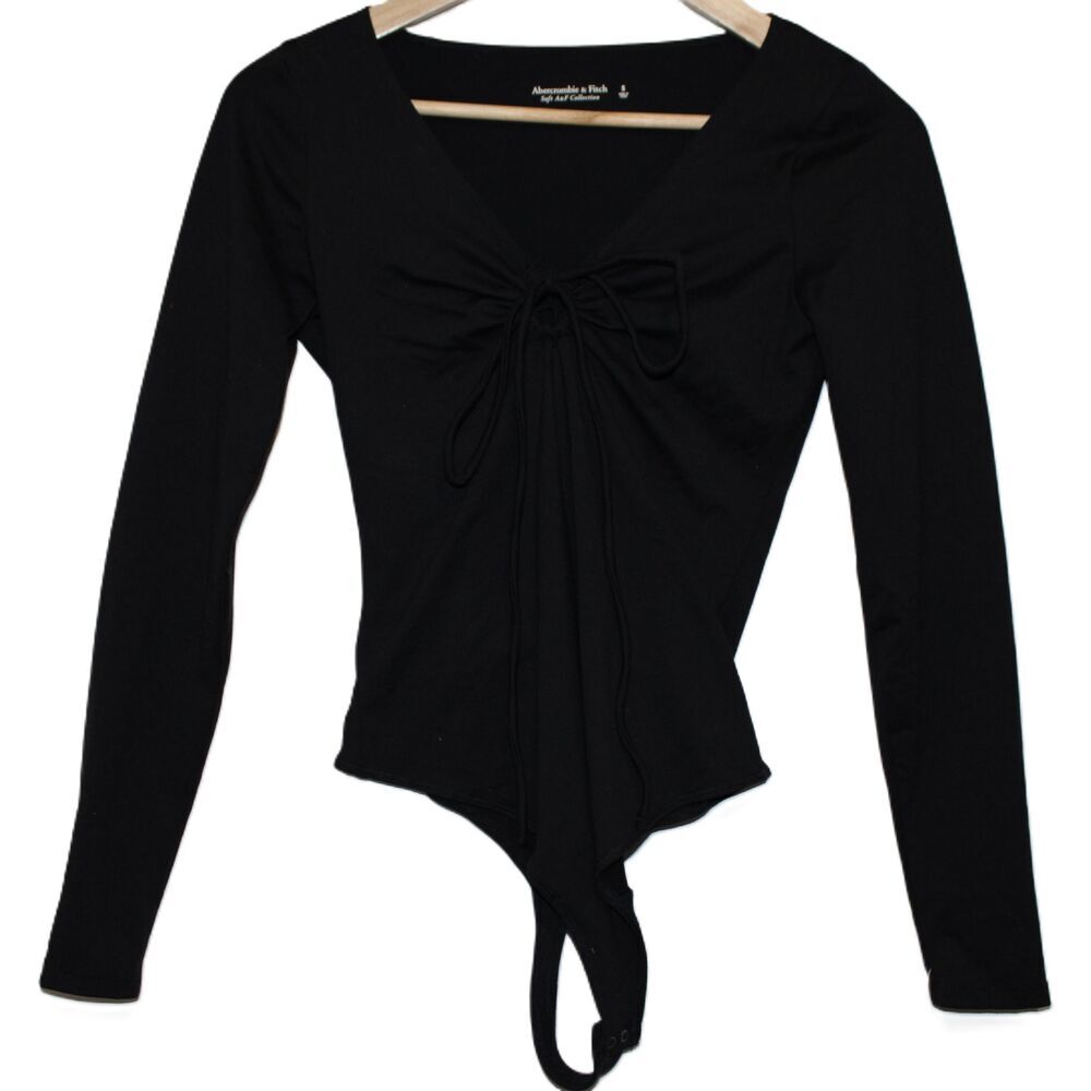 Women's Abercrombie & Fitch Soft AF Black Nylon Long Sleeve V-Neck Bodysuit Sz S